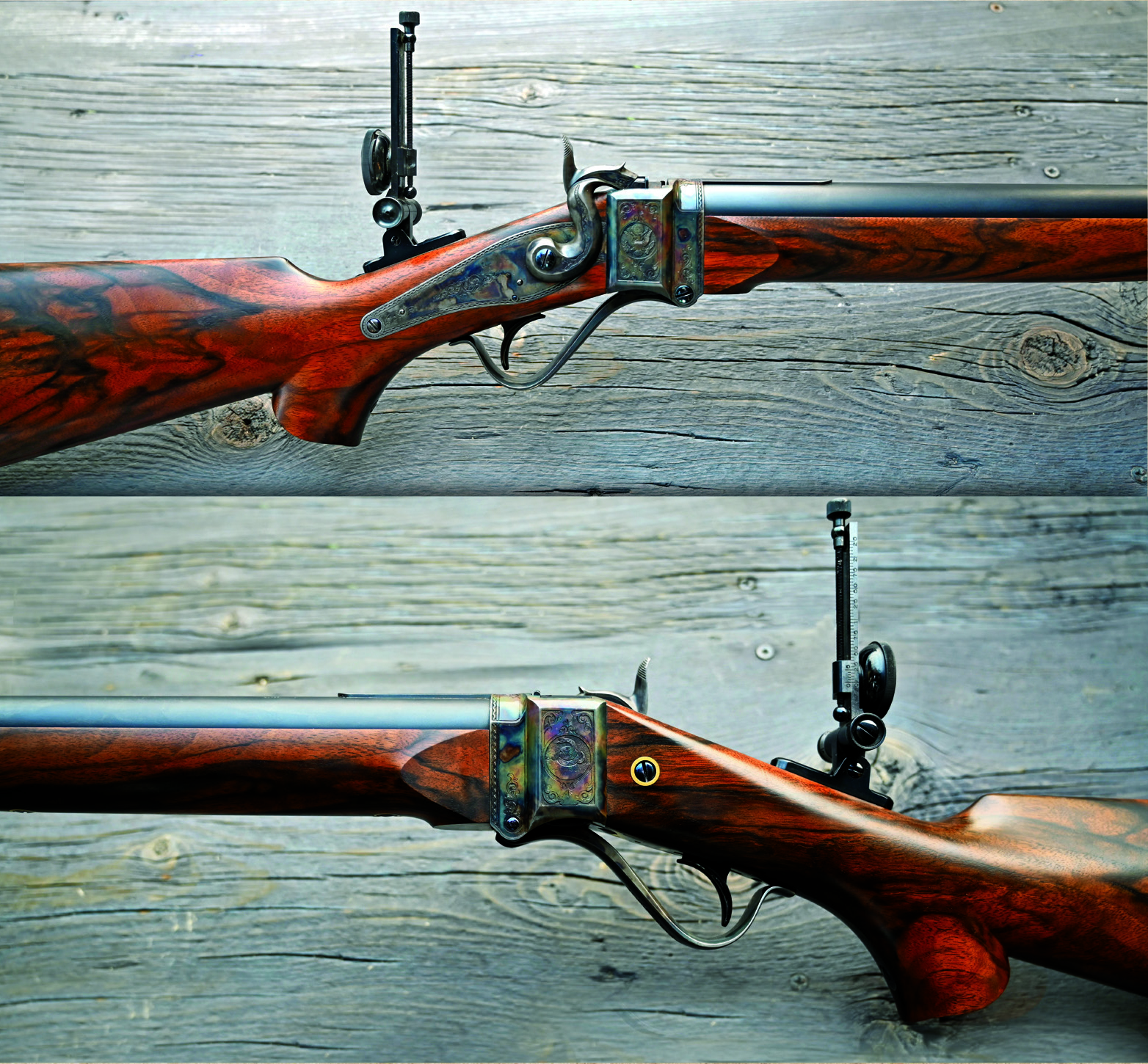 The right and left sides of the Shiloh Sharps Model 1877 show the excellent fit and finish, as well as the superb engraving by Suzi Bradley.